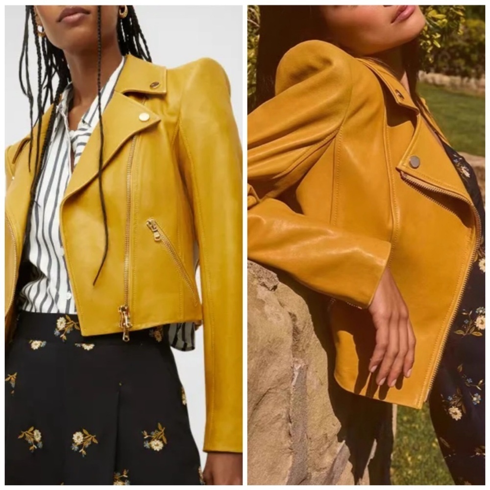 Veronica Beard Lamar Leather Cropped Moto Biker Jacket Yellow Size 6 Casual